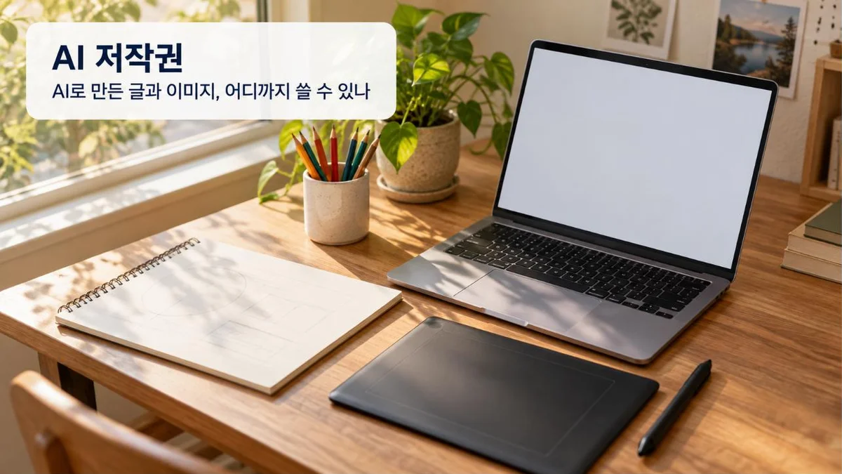 노트북과 펜 태블릿, 스케치북이 놓인 책상 위에 AI 저작권이라는 제목이 적힌 대표 이미지