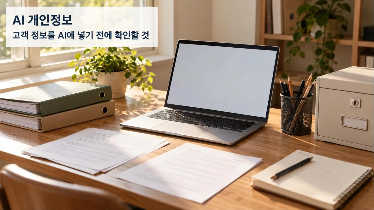 노트북과 서류철, 잠금장치가 있는 보관함이 놓인 책상 위에 AI 개인정보라는 제목이 적힌 대표 이미지