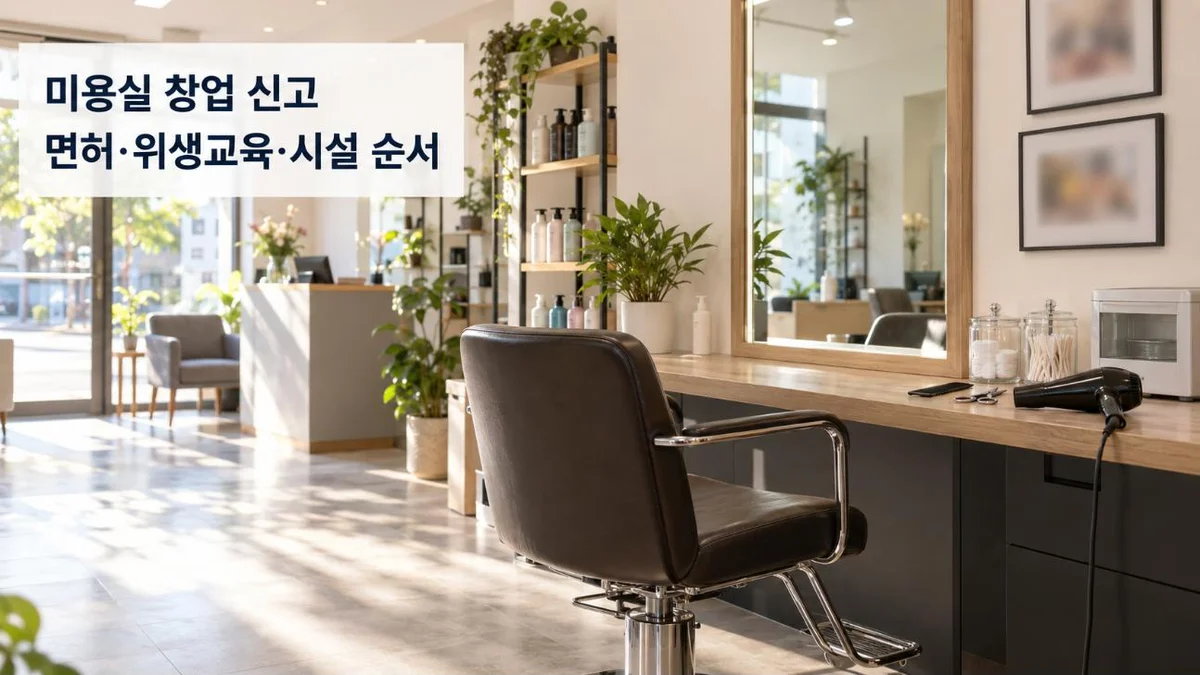미용실 창업 신고 대표 이미지 — 빈 미용 의자와 거울, 선반 위 소독 용기와 드라이어가 놓인 미용실 내부