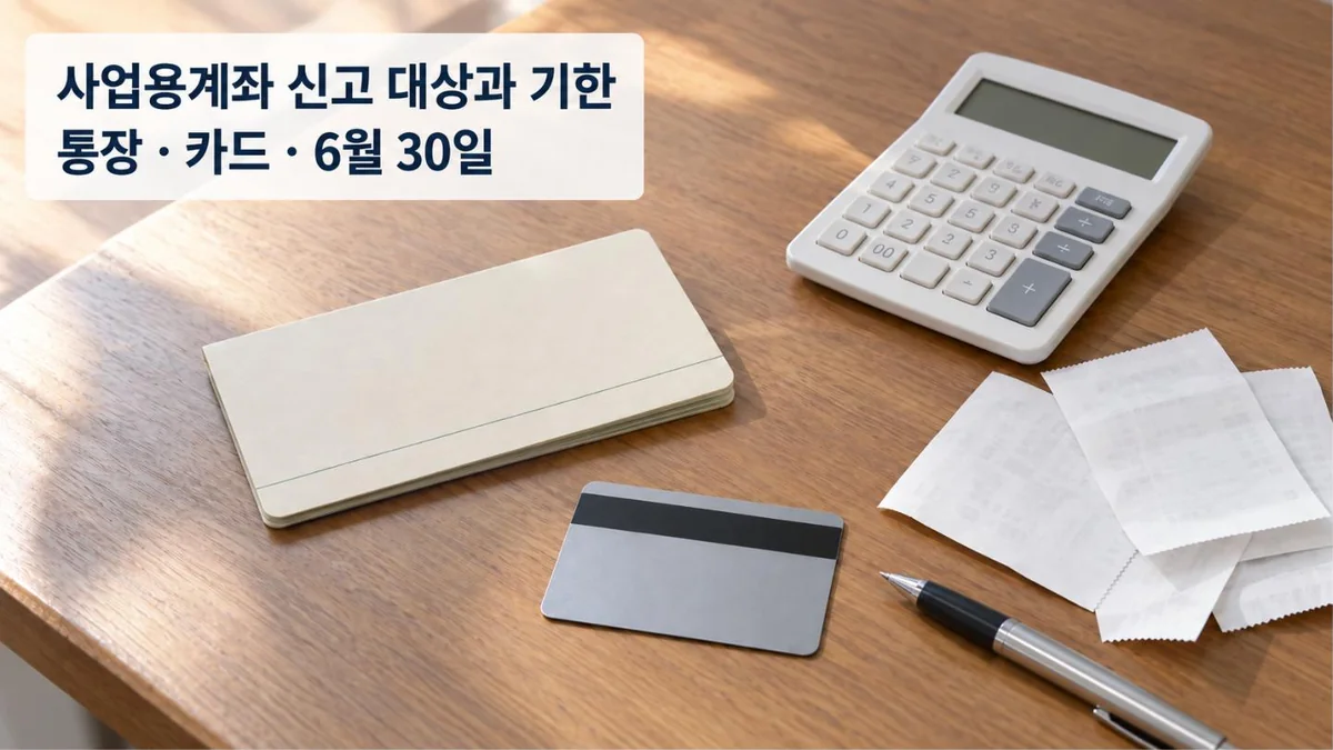 작업대 위에 글자 없는 통장과 신용카드, 계산기, 영수증, 펜이 놓인 장면