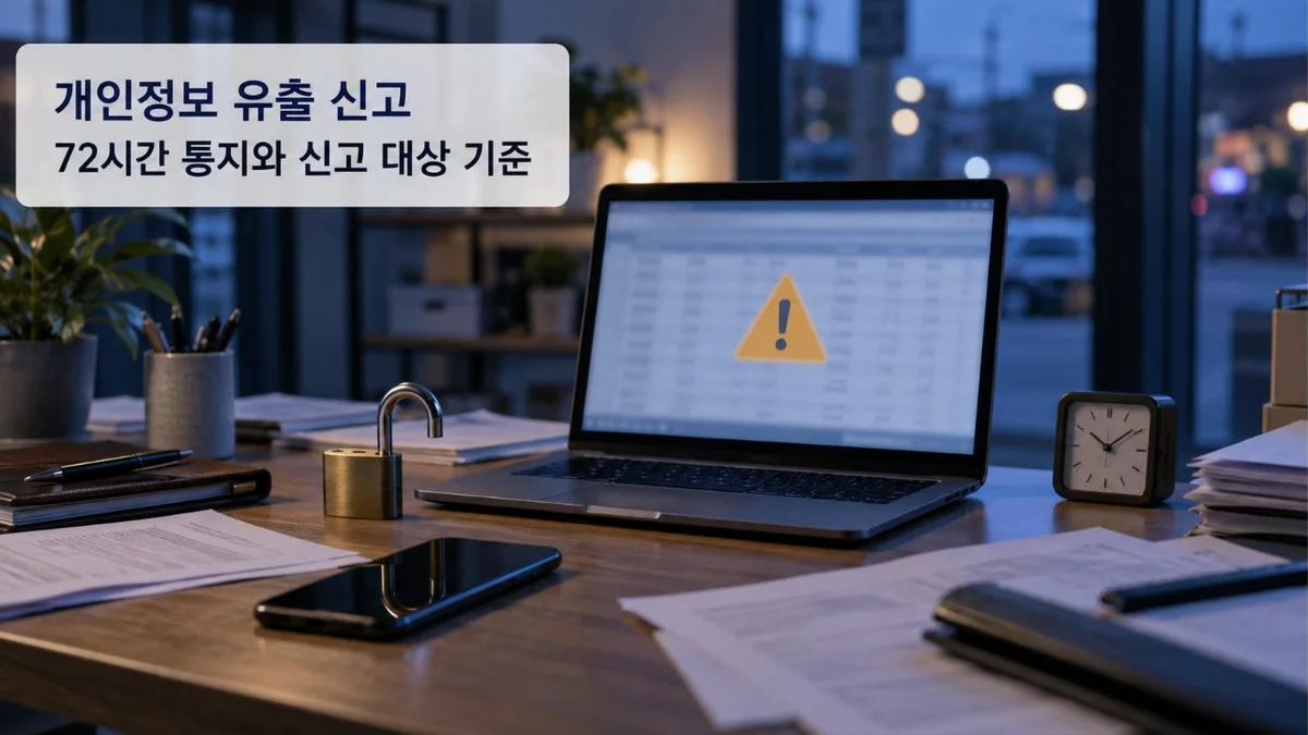 경고 표시가 뜬 노트북과 열린 자물쇠가 놓인 가게 책상과 개인정보 유출 신고 안내 문구