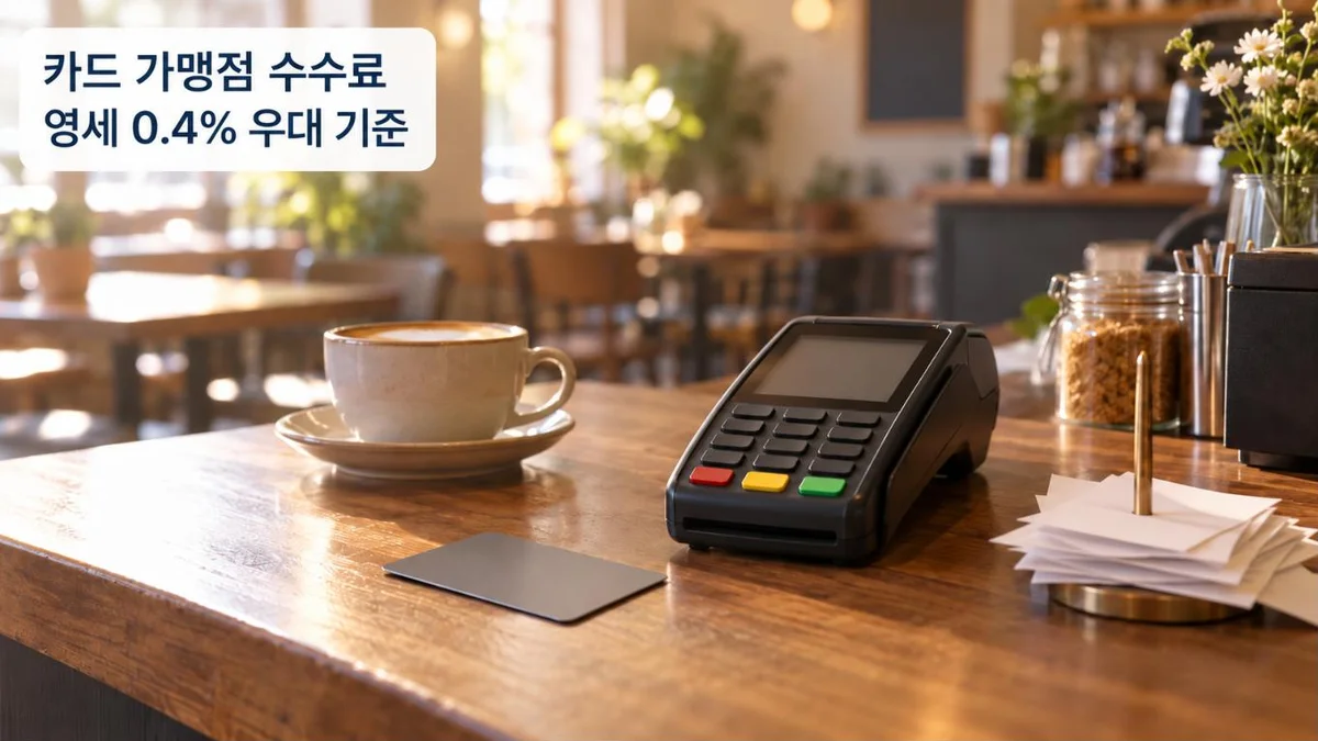 카드 가맹점 수수료 대표 이미지 — 카페 계산대 위 카드 단말기와 무늬 없는 카드, 커피 잔