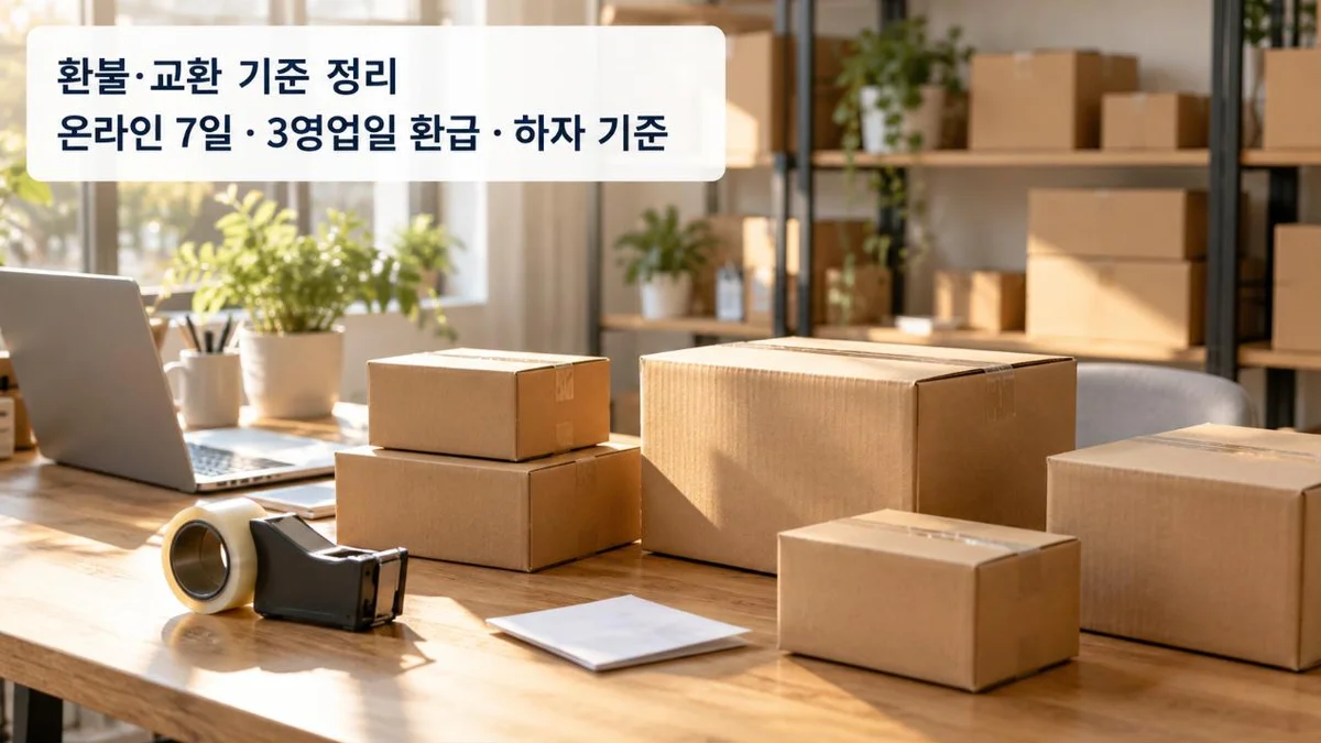 환불·교환 기준 정리: 택배 상자가 놓인 쇼핑몰 포장 작업대