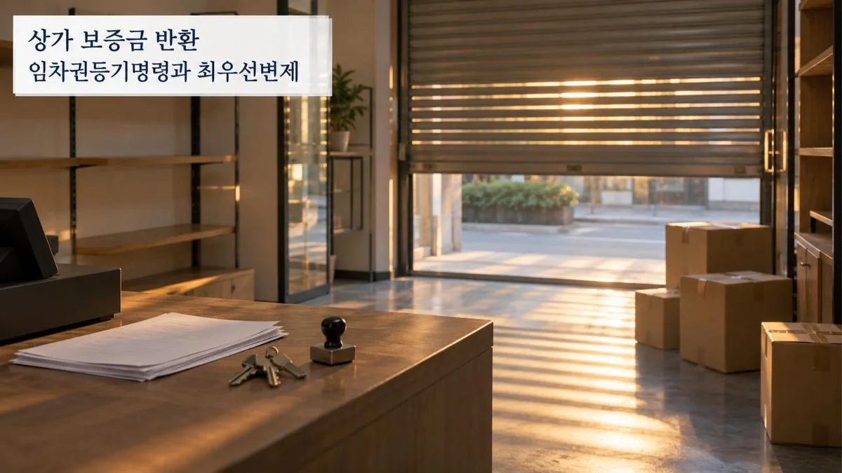 상가 보증금 반환 대표 이미지 — 셔터가 반쯤 내려온 비워진 가게와 계산대 위 열쇠·서류