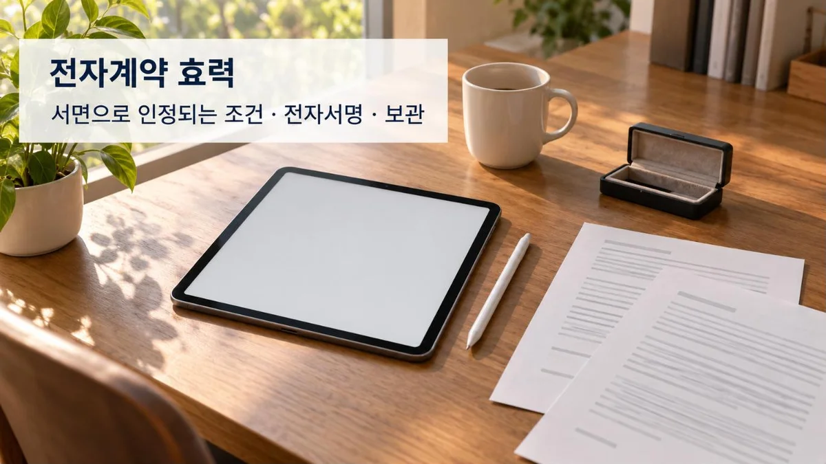 태블릿과 계약 서류가 놓인 책상 위에 전자계약 효력이라는 제목이 적힌 대표 이미지