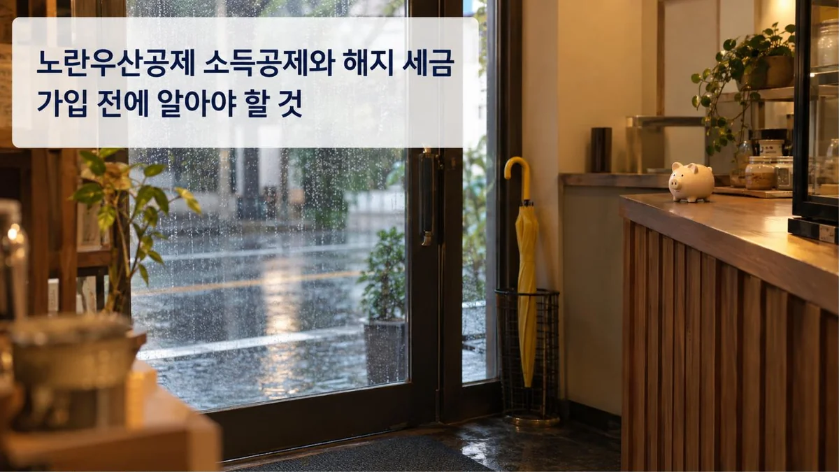 비 오는 날 가게 출입문 옆 우산꽂이에 노란 우산이 꽂혀 있고 카운터에 저금통이 놓인 장면