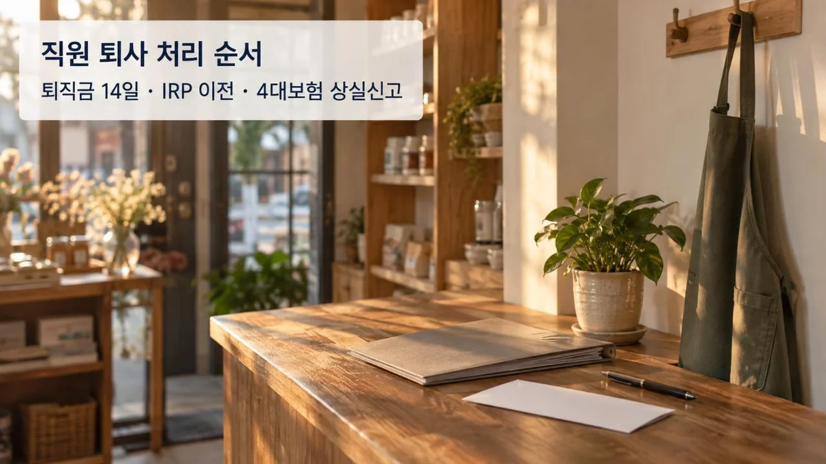 직원 퇴사 처리 순서 — 옷걸이에 걸린 앞치마와 카운터 위 흰 봉투·서류 파일
