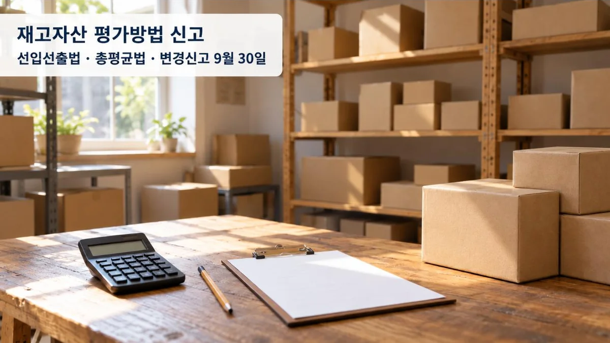 재고자산 평가방법 신고: 상자가 쌓인 창고 선반과 계산기, 클립보드가 놓인 작업대