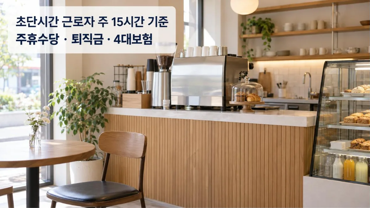 작은 카페 카운터 사진 위에 초단시간 근로자 주 15시간 기준, 주휴수당·퇴직금·4대보험이라고 적힌 대표 이미지