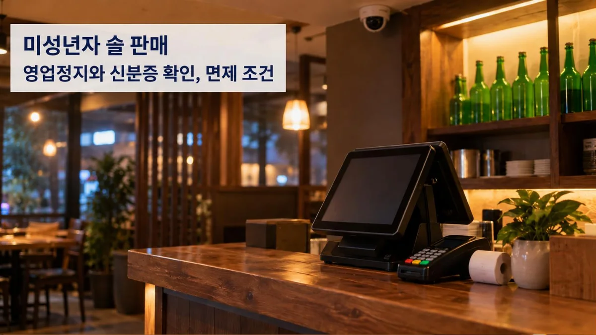 CCTV가 달린 음식점 계산대와 미성년자 술 판매 영업정지 안내 문구