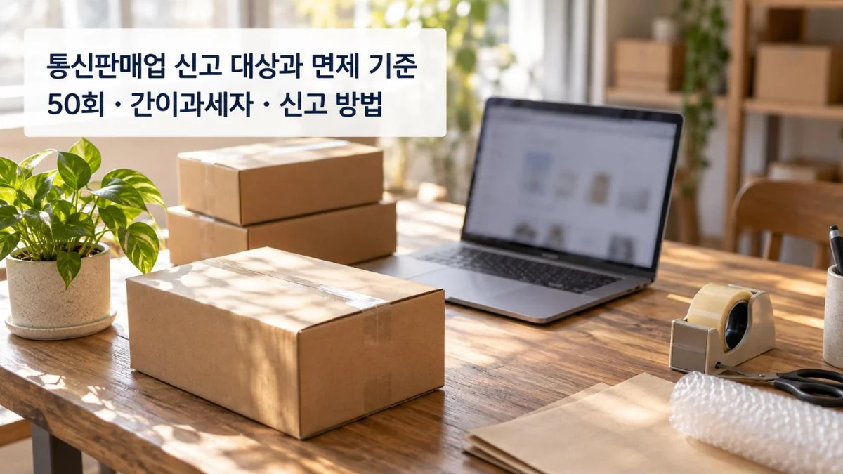 통신판매업 신고 대상과 면제 기준 — 택배 상자와 노트북이 놓인 작업 책상