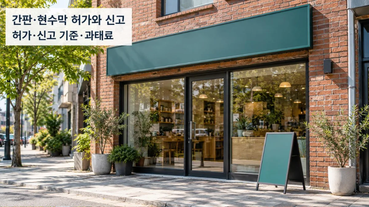 옥외광고물 허가 신고 기준과 과태료를 안내하는 가게 정면 간판과 입간판 사진