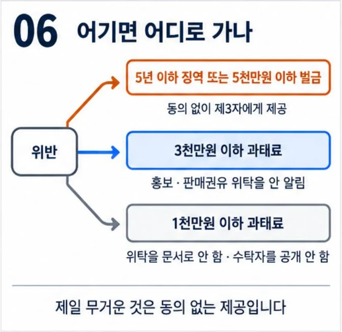동의 없는 제3자 제공은 5년 이하 징역 또는 5천만원 이하 벌금, 홍보 위탁 미통지는 3천만원 이하, 문서·공개 누락은 1천만원 이하 과태료라는 그림