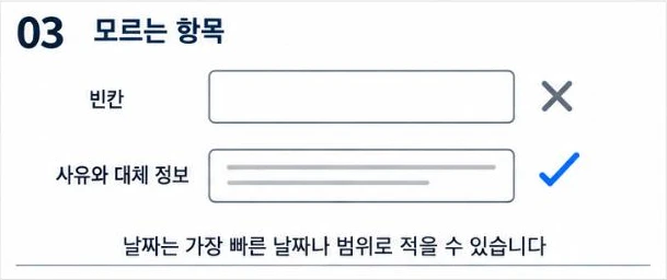 모르는 항목을 빈칸으로 두지 말고 사유와 대체 정보를 적어야 한다는 비교 그림