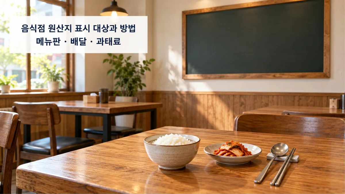 글자 없는 칠판 메뉴판이 걸린 작은 한식 음식점 홀, 테이블 위 공기밥과 배추김치와 수저
