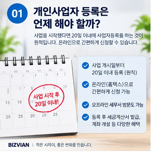 사업 개시일부터 20일 이내 사업자등록을 신청하고 사업 시작 전에도 미리 신청할 수 있음을 설명하는 이미지