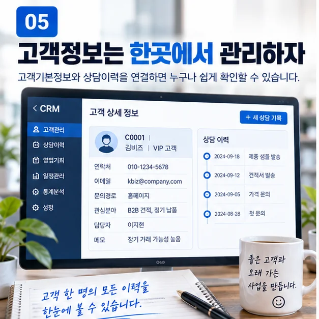 고객 기본정보와 상담이력을 CRM 한곳에 연결해 담당자가 쉽게 확인하는 고객관리 화면 예시