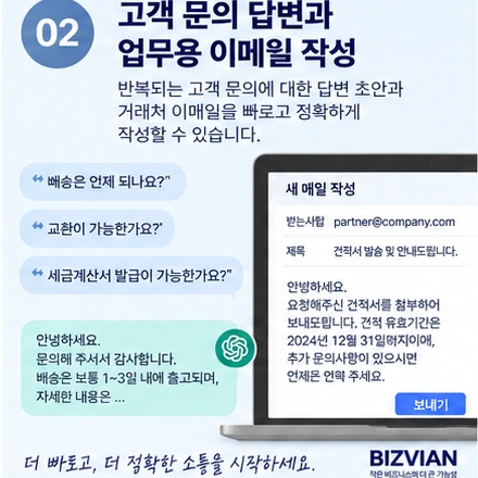 ChatGPT를 이용해 고객 문의 답변과 거래처 업무용 이메일 초안을 작성하는 방법을 설명하는 이미지