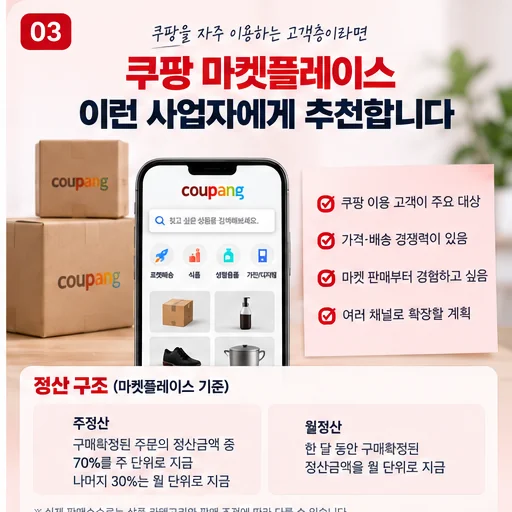 쿠팡 마켓플레이스에 적합한 사업자 유형과 주정산, 월정산 구조를 설명하는 이미지