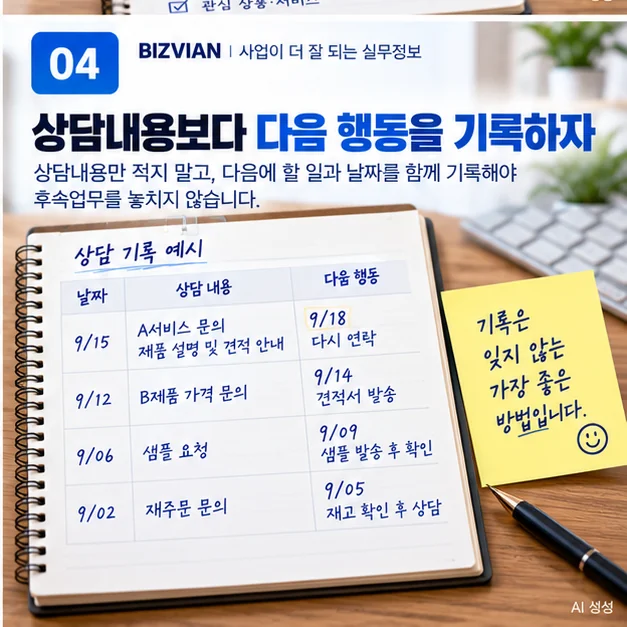 고객 상담내용과 함께 다음 행동과 후속 연락 날짜를 기록하는 상담이력 관리 예시
