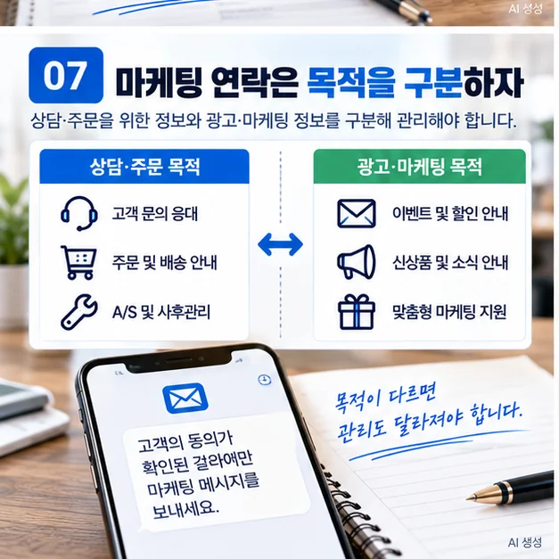상담 주문 목적의 고객정보와 광고 마케팅 활용 목적을 구분해 관리하는 구조