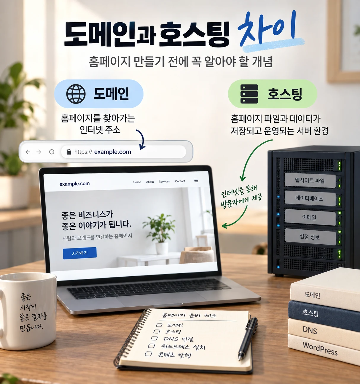도메인과 호스팅의 역할과 차이를 설명하는 홈페이지 구성 이미지