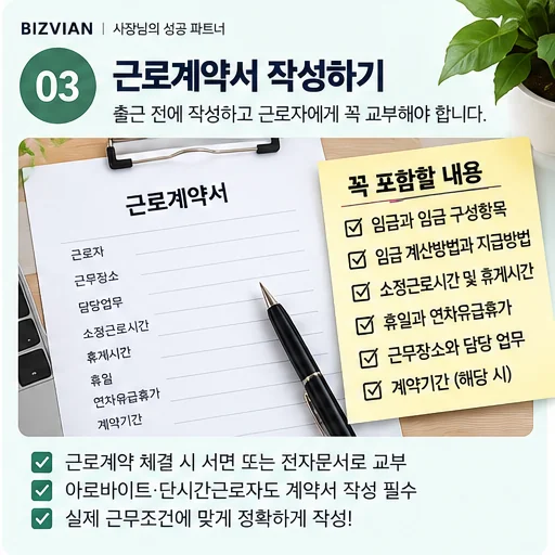 근로계약서에 임금·근로시간·휴일·근무장소·업무·계약기간을 확인하는 이미지