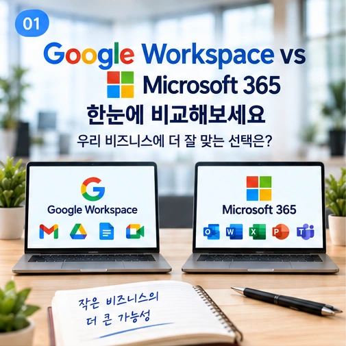 Google Workspace와 Microsoft 365의 회사 이메일, 문서, 저장공간, 협업 방식을 비교하는 표