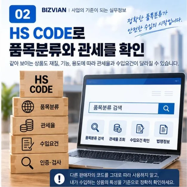 수입 상품의 HS CODE 품목분류와 관세율 수입요건을 확인하는 이미지