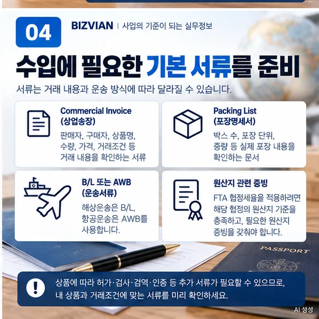 수입에 필요한 Commercial Invoice Packing List B/L AWB 원산지 관련 증빙을 설명하는 이미지