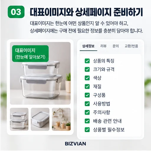 스마트스토어 대표이미지와 상세페이지에 상품 특징, 규격, 재질과 구매 정보를 구성하는 예시