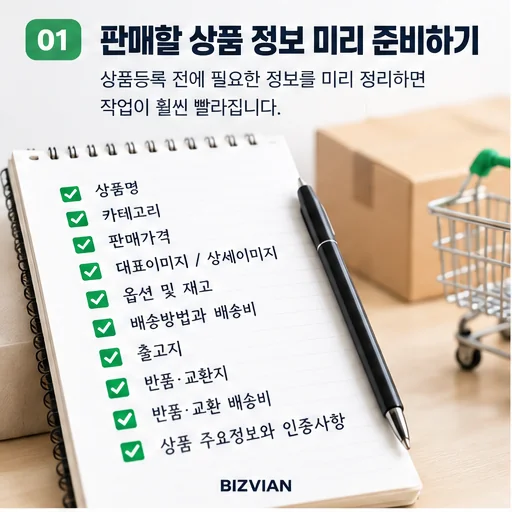 스마트스토어 상품등록 전에 상품명, 카테고리, 가격, 이미지, 옵션, 배송과 반품 정보를 준비하는 체크리스트