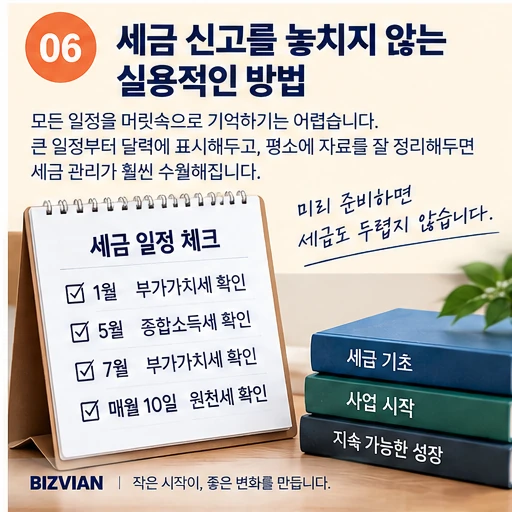 개인사업자가 확인해야 할 부가가치세, 종합소득세, 원천세의 기본 신고 일정을 정리한 이미지