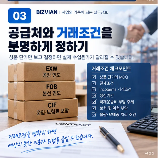 해외 공급처와 상품 단가 MOQ 결제조건 EXW FOB CIF 등 거래조건을 확인하는 이미지