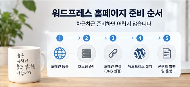 도메인 등록부터 호스팅 연결과 워드프레스 설치까지 홈페이지 준비 순서를 보여주는 이미지