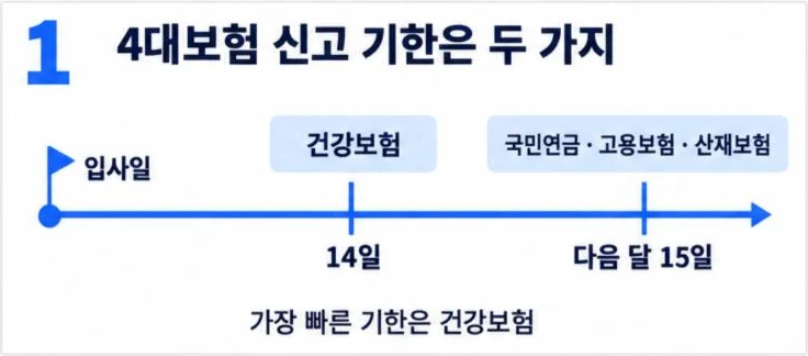 4대보험 취득신고 기한은 두 가지: 건강보험은 입사일부터 14일, 국민연금·고용보험·산재보험은 다음 달 15일