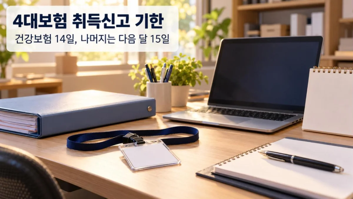 4대보험 취득신고 기한 — 사원증 목걸이와 서류철, 노트북, 탁상 달력이 놓인 가게 사무 공간 책상