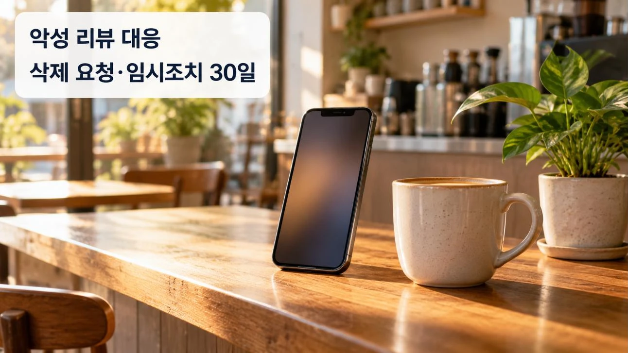 악성 리뷰 대응 삭제 요청·임시조치 30일 — 카페 계산대 위 스마트폰