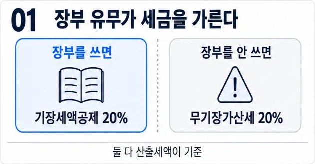장부를 쓰면 기장세액공제 20%, 안 쓰면 무기장가산세 20%: 둘 다 산출세액 기준