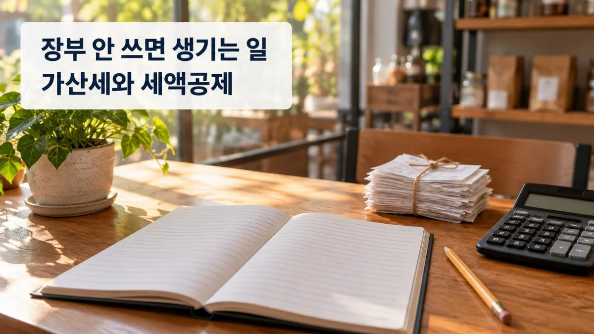 장부 안 쓰면 생기는 일: 빈 장부 노트, 영수증 묶음, 계산기가 놓인 책상