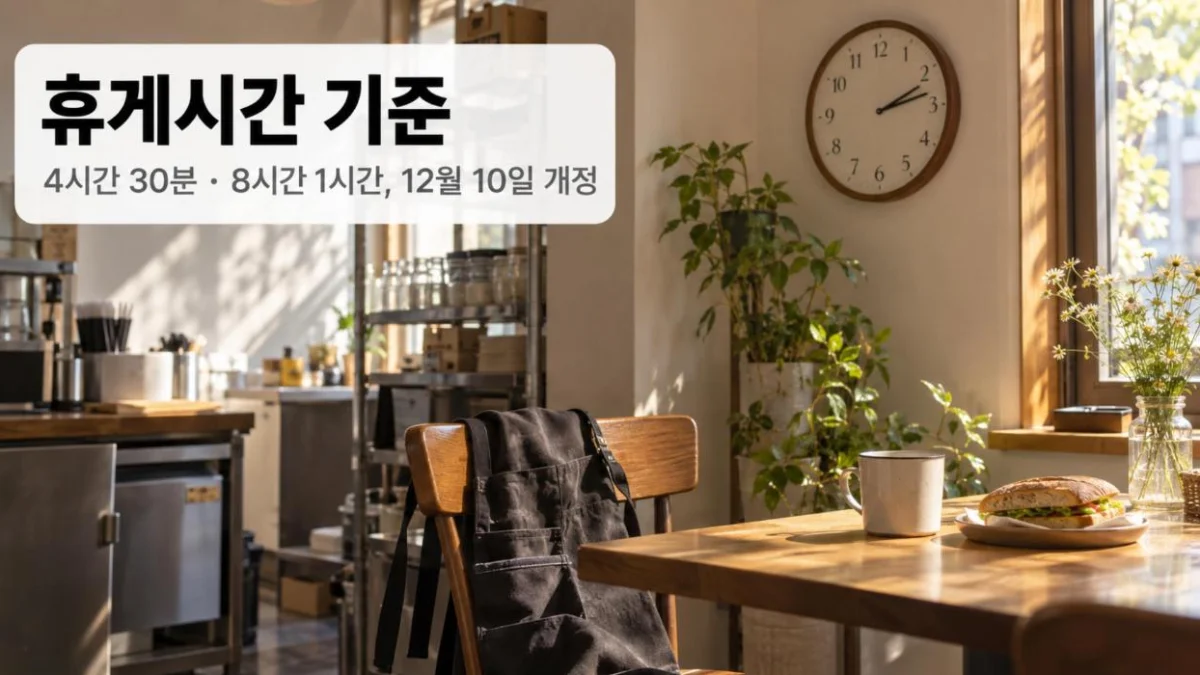 휴게시간 기준 — 카페 직원 휴게 공간의 벽시계와 창가 테이블 위 머그컵·샌드위치, 의자에 걸린 앞치마