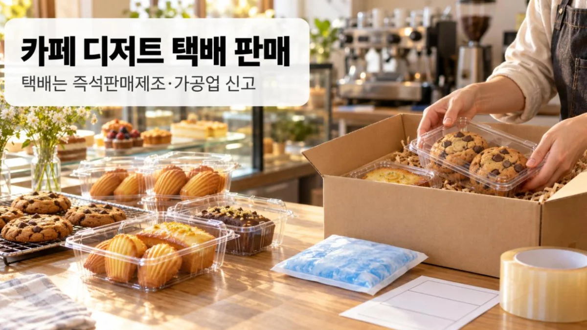 카페 디저트 택배 판매 — 카페 작업대에서 쿠키와 마들렌을 포장 용기에 담아 보냉팩과 함께 택배 상자에 넣는 모습
