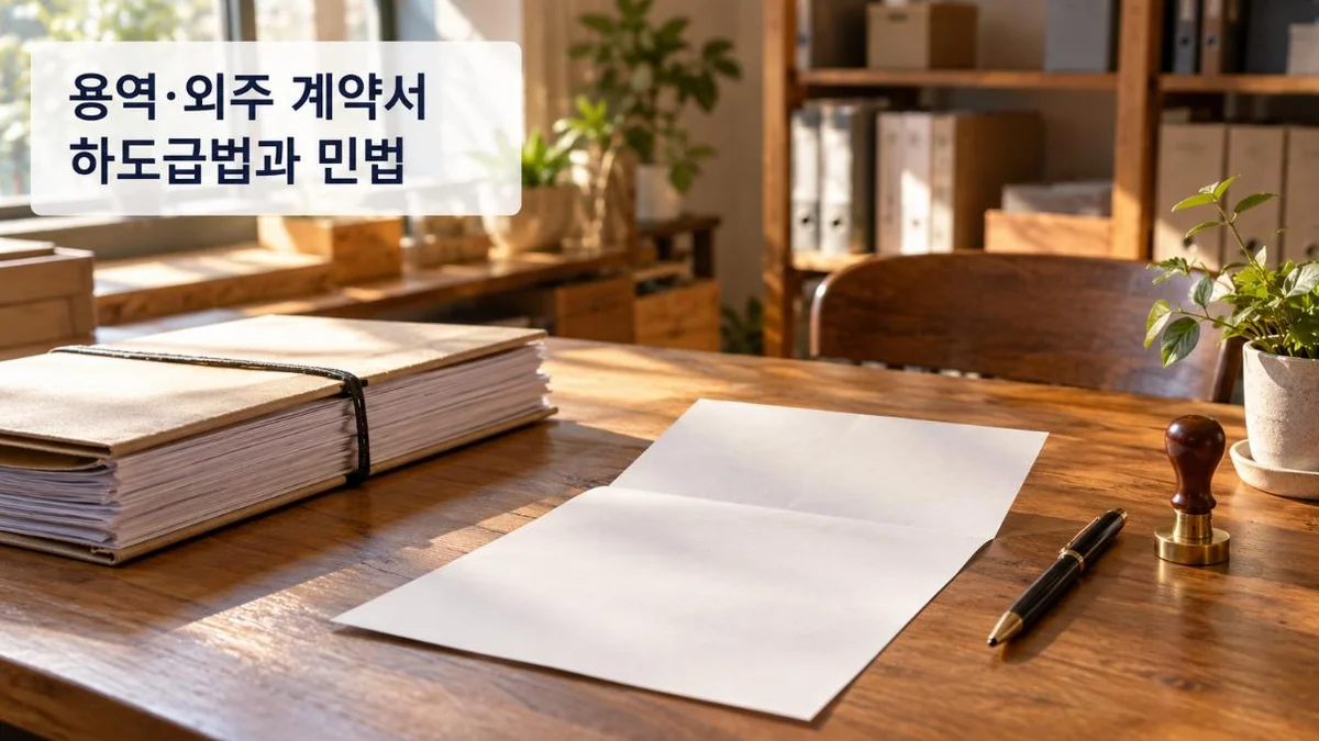 용역·외주 계약서: 종이 계약서와 펜, 도장이 놓인 책상