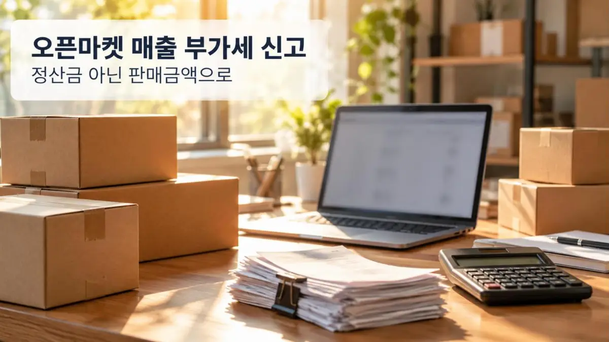 오픈마켓 매출 부가세 신고 — 택배 상자와 노트북, 계산기가 놓인 온라인 쇼핑몰 사무실 책상