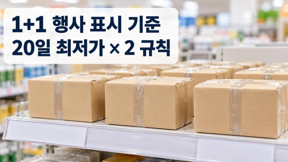 1+1 행사 표시 기준 — 두 개씩 묶은 상품이 놓인 마트 진열대, 20일 최저가 × 2 규칙