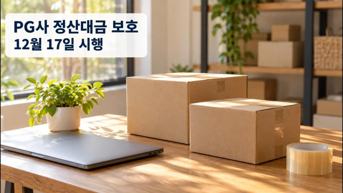 햇살이 드는 작업대 위의 택배 상자와 노트북, PG사 정산대금 보호 12월 17일 시행