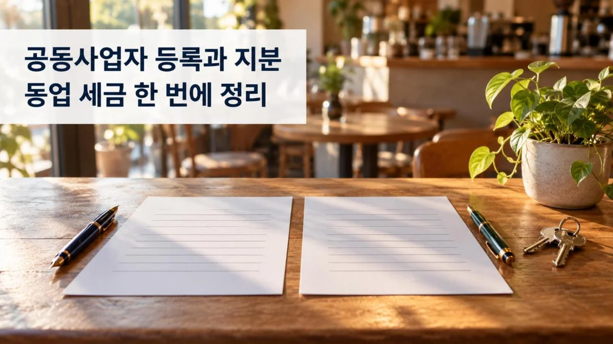공동사업자 등록 대표 이미지: 카페 테이블 위 계약서 두 장과 만년필