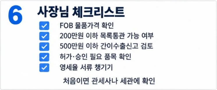 소량 수출 신고 체크리스트: FOB 물품가격, 200만원 목록통관, 500만원 간이수출신고, 허가·승인 품목, 영세율 서류