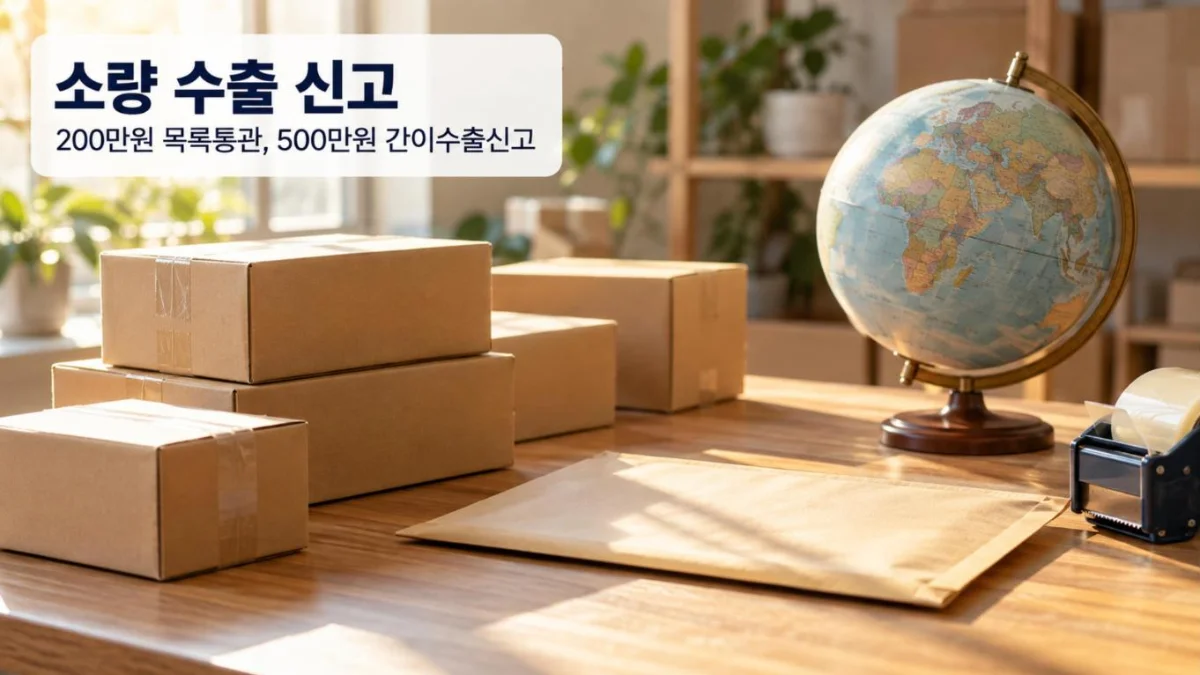 소량 수출 신고 — 해외 배송을 기다리는 택배 상자와 지구본, 서류봉투가 놓인 쇼핑몰 포장대