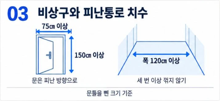 비상구 가로 75cm 이상 세로 150cm 이상, 내부 피난통로 폭 120cm 이상
